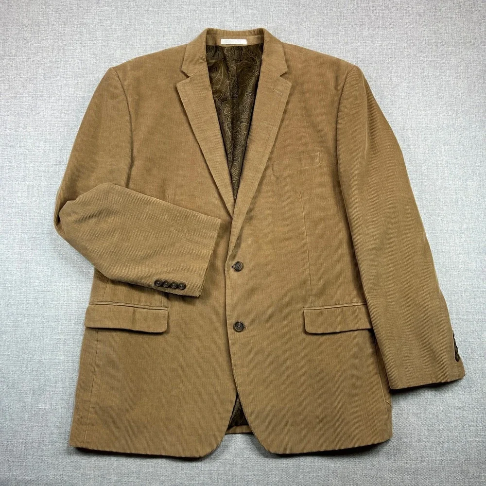 Chaps Corduroy Sport Coat Men 48L Camel Tan Cotton Paisley Lined Blazer Academia